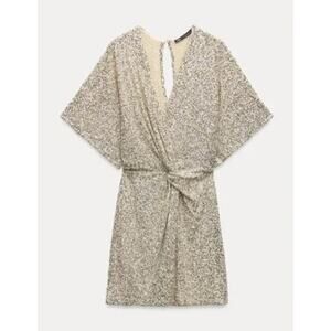 Zara Mini Wrap Sequin Dress with Flutter Sleeves Silver XL